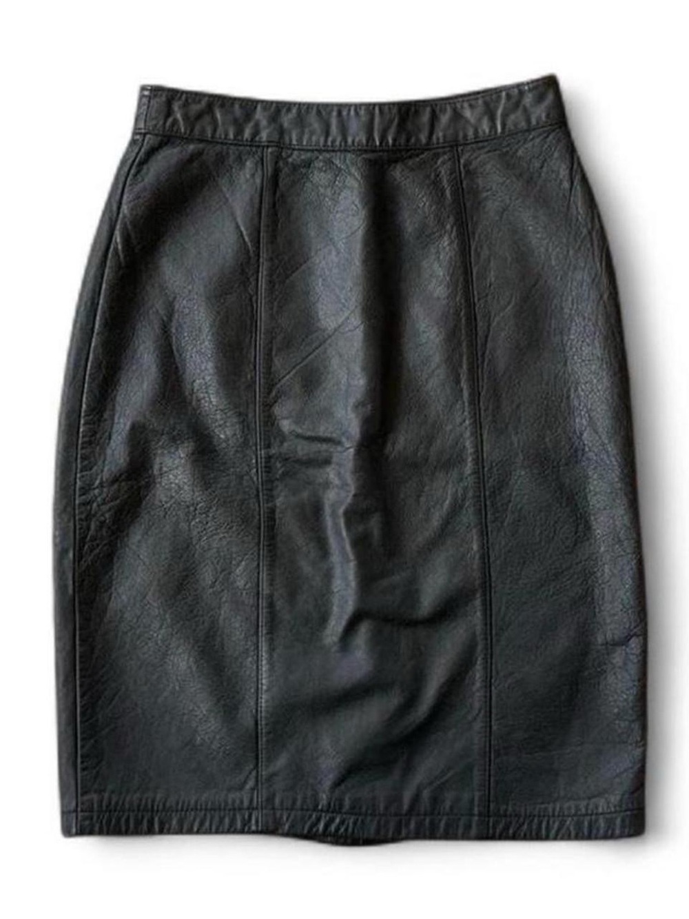 Vintage 90s Black Leather High-Waisted Skirt – Back Snap Vent Pencil Mini (XS/S)